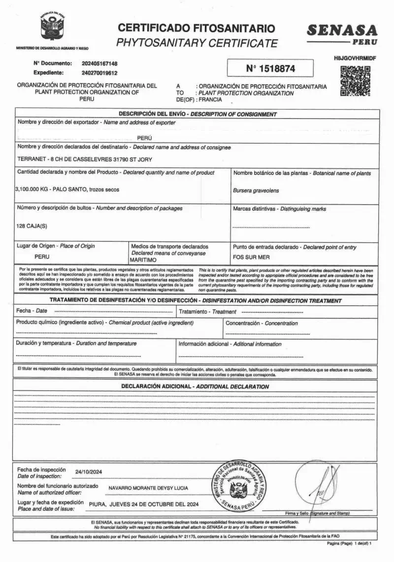 palo santo pflanzengesundheitszeugnis